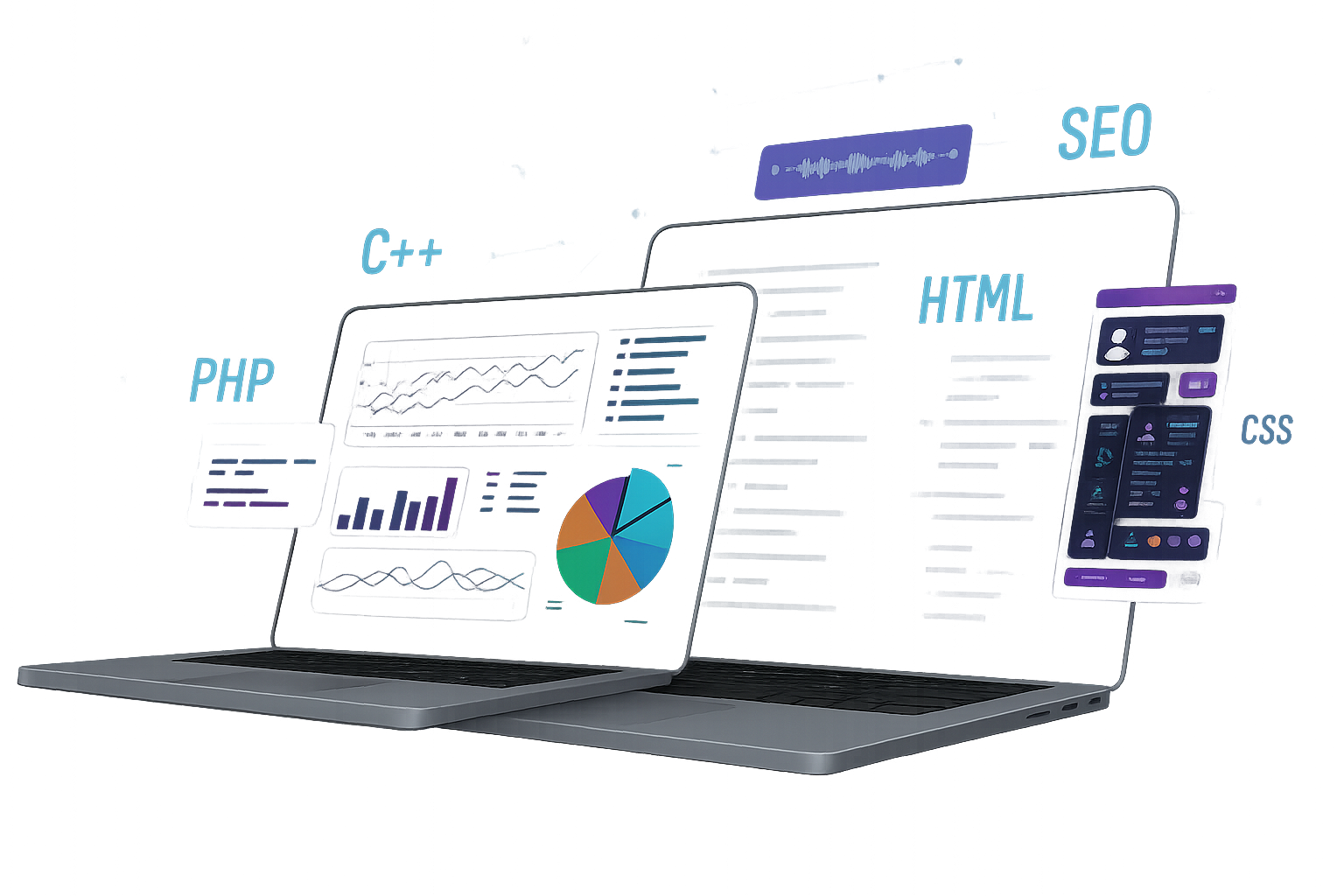 Vista de interfaces web modernas: una sección 'Behind the Code' y otra para búsqueda de ponentes.